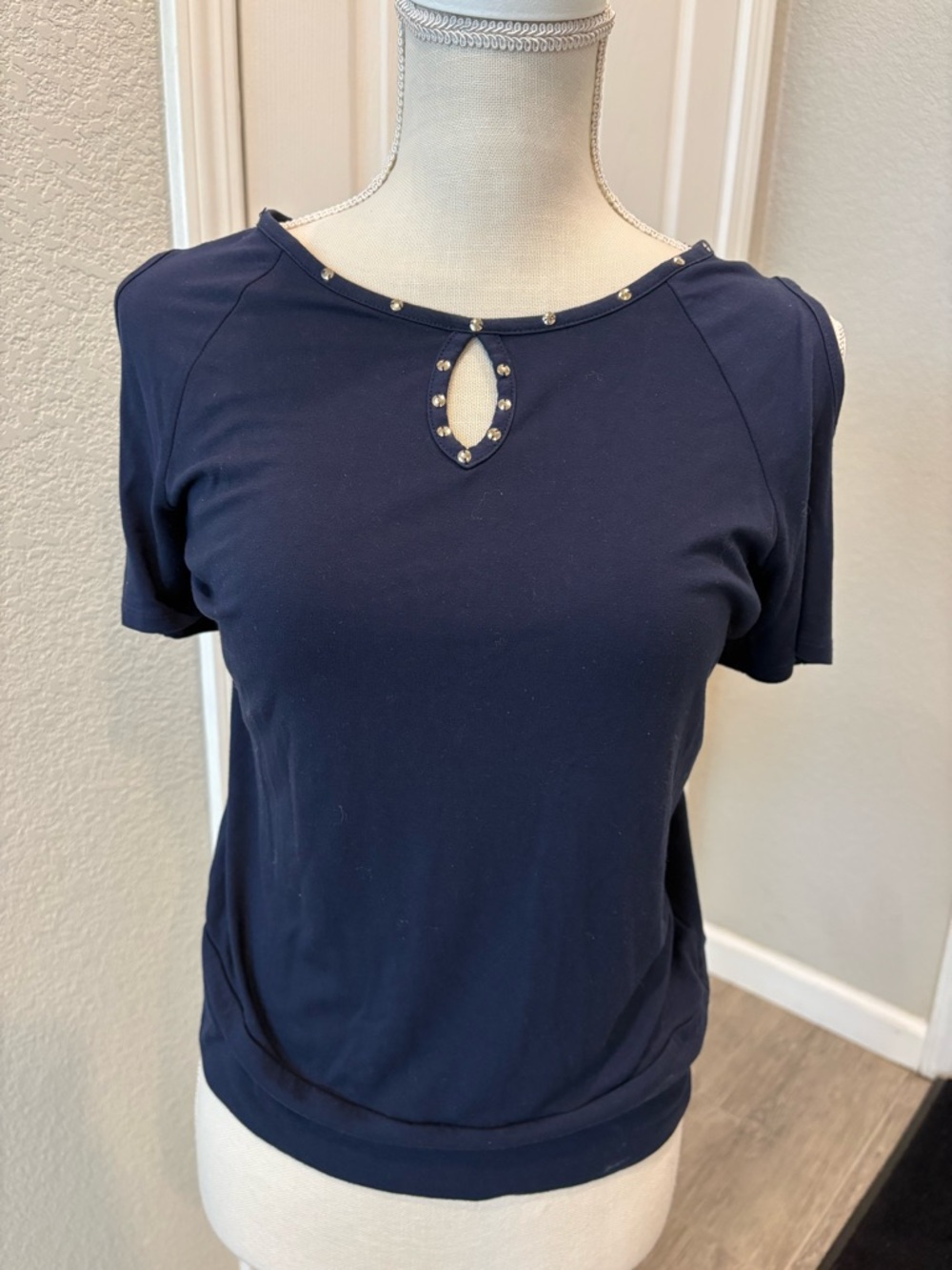 JM Collection Navy Short Sleeve Top with Stud Keyhole